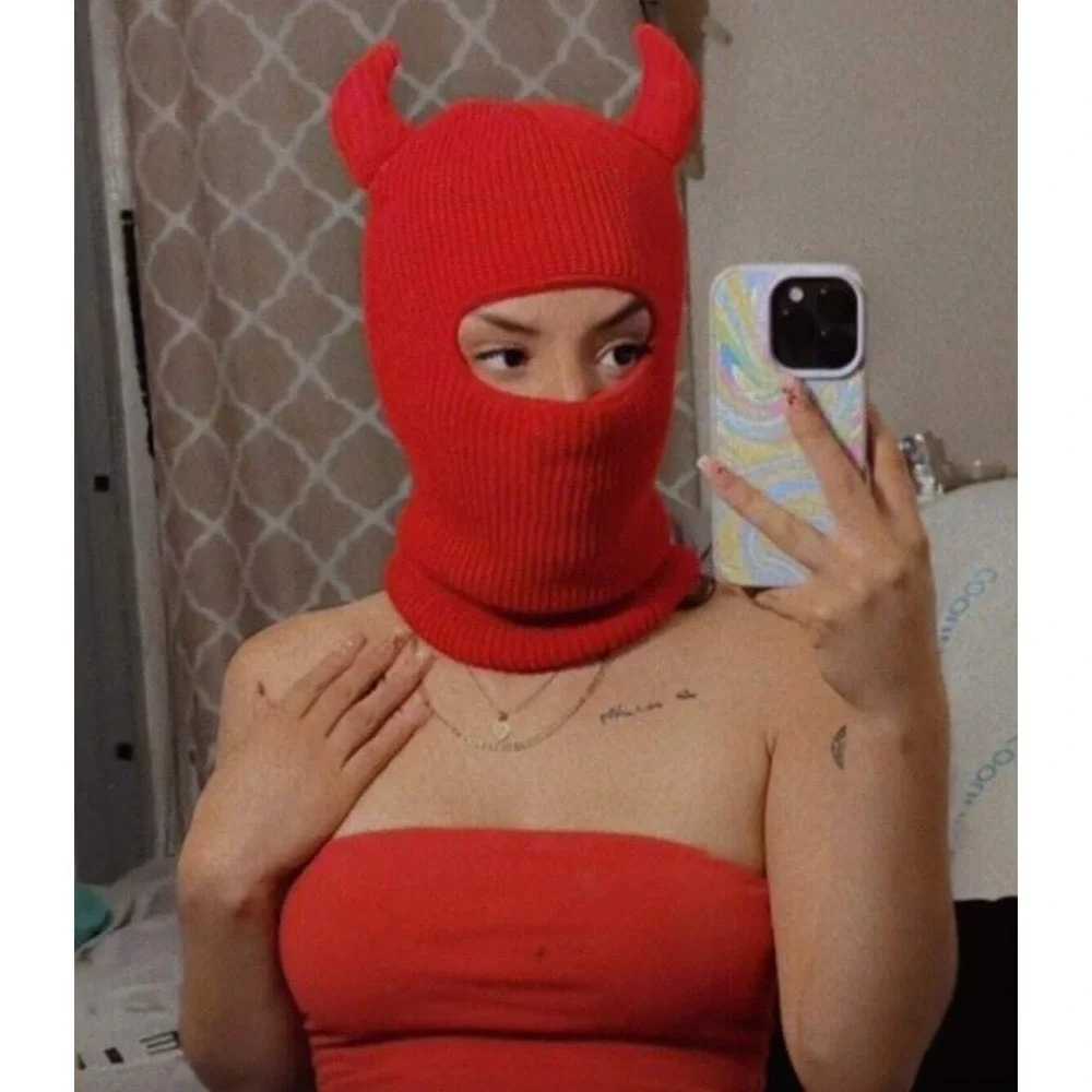 New Vegan Red Devil Knit Balaclava Ski Mask Full Face Beanie Hat New Jersey